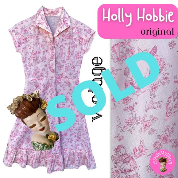 Vintage 70s HOLLY HOBBIE ORIGINAL FABRIC Childs Print Pink Cotton Dress Summer - Picture 1 of 10